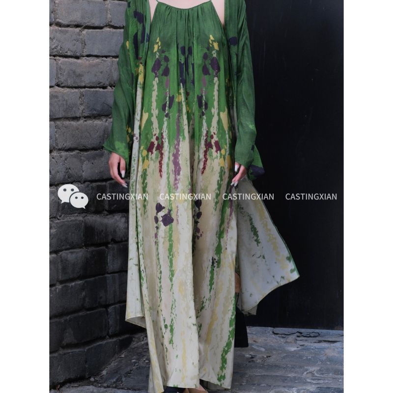 CASTING无隅｜YANGKEHAN 绿丝绦平领吊带连衣裙长袍