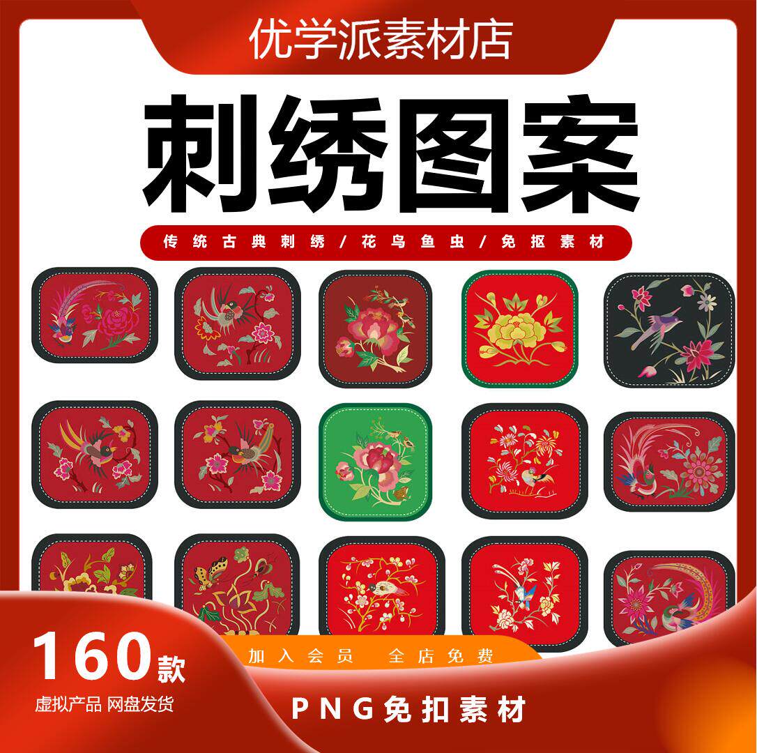 中国风中式传统古典刺绣花鸟绣花纹样装饰元素矢量图png免抠素材