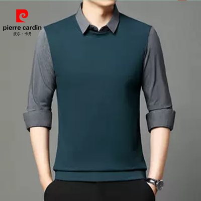 假两件长袖T男男衬衫领宽松休闲