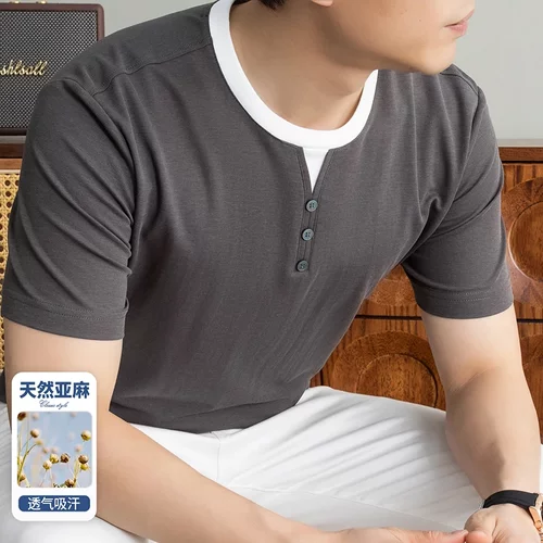 皮尔卡丹天丝+亚麻假两件短袖T恤