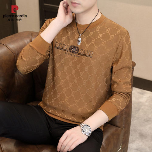 皮尔卡丹冰丝提花长袖T恤男士