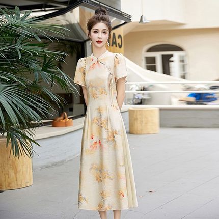 素木中式改良旗袍复古连衣裙夏季新款复古风收腰显瘦气质印花裙子