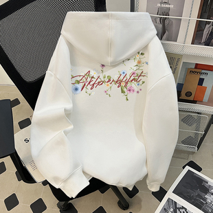 加绒百搭情侣帽衫 连帽卫衣秋冬季 潮牌vibe花卉男女个性 真维斯美式