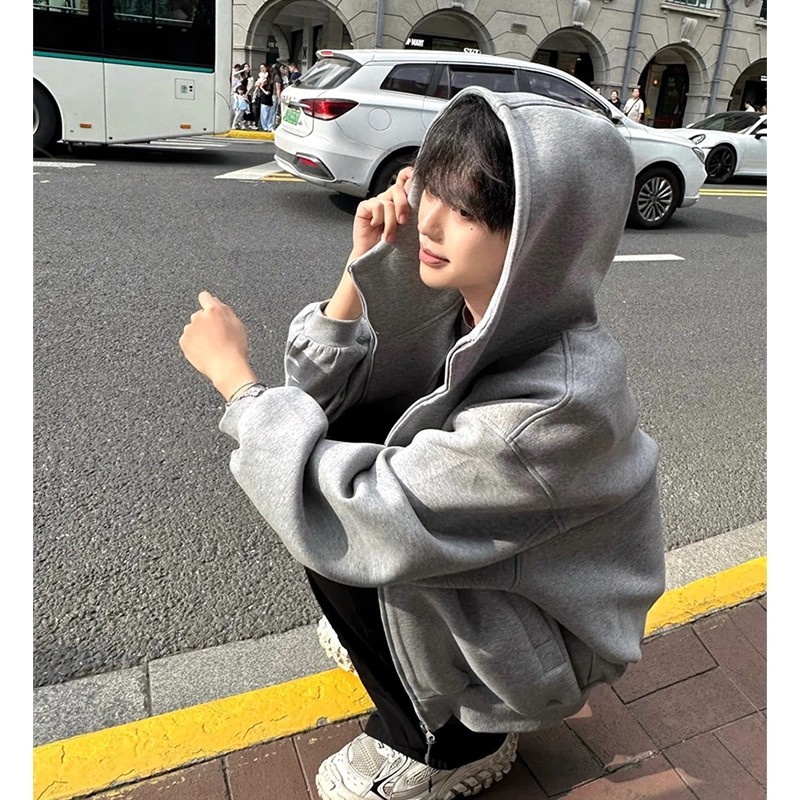 灰色连帽短款初秋男装卫衣外套美式重磅空气层大帽子廓形拉链开衫