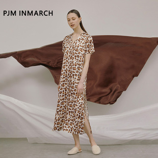 PJM V领高开衩豹纹长裙 INMARCH22姆米100%桑蚕丝真丝睡衣纯色长款