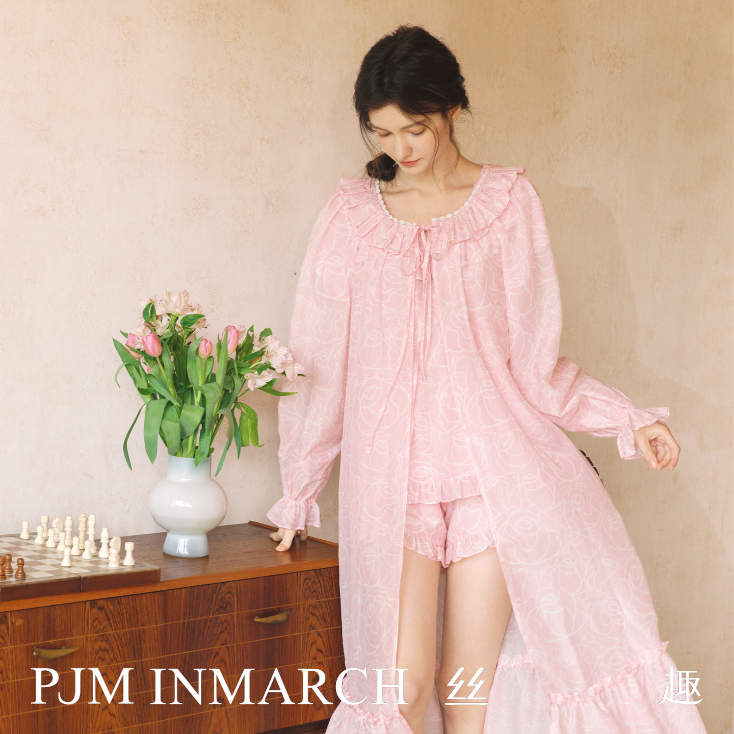 PJM INMARCH真丝棉法式甜美风荷叶边系带睡袍女公主风浪漫长款