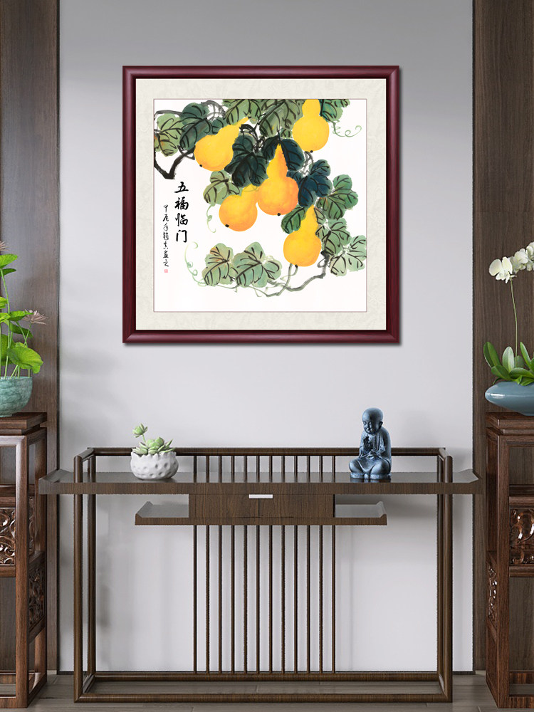 新中式五福临门国画手绘挂画走廊客厅装饰画餐厅斗方入户玄关壁画
