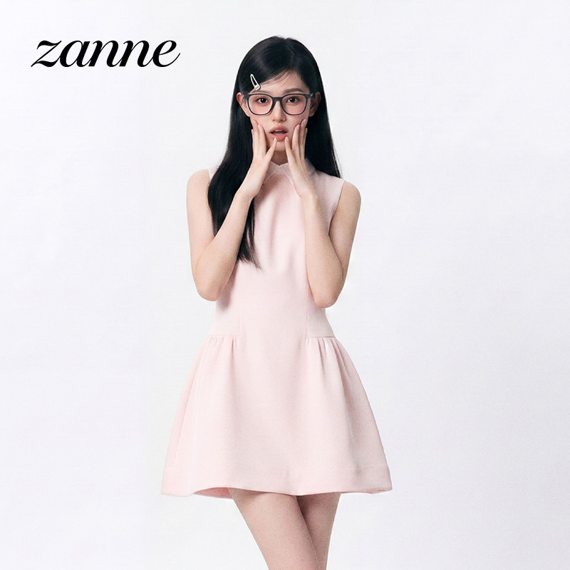 Zanne 法式淡粉背心连衣裙女夏季收腰假两件无袖衬衫领A字短裙