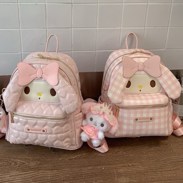 韩版ins卡通粉兔子双肩包女时尚质感学生书包甜美蝴蝶结格纹背包