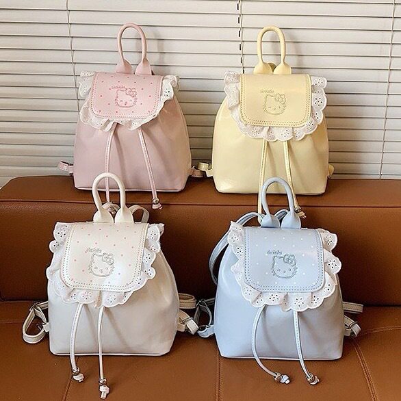 韩版卡通ins凯蒂猫双肩包包女小众设计时尚质感可爱蕾丝花边背包