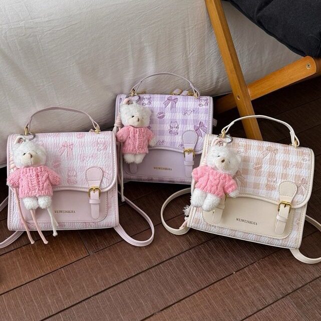 韩版ins精致百搭格子双肩包包女时尚质感甜美蝴蝶结可爱小猫背包