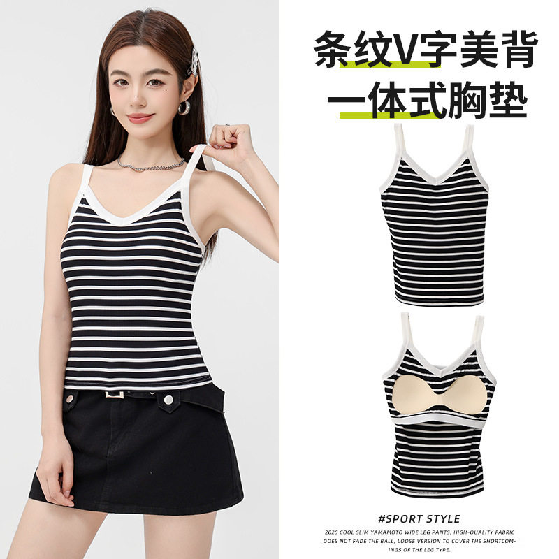 黑白条纹带胸垫一体吊带背心女夏季内搭短款针织无袖外传美背上衣