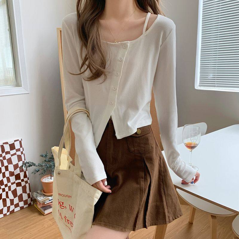 纯欲风辣妹不规则短款长袖t恤女早秋设计感内搭打底衫上衣服