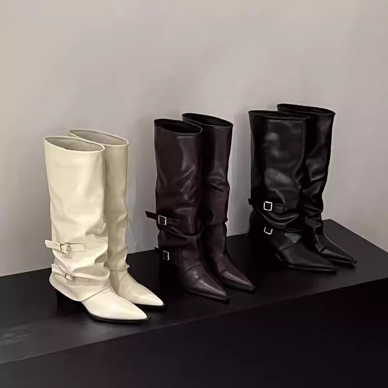 复古粗跟裤筒靴尖头靴子长靴女2025新款秋冬黑色堆堆靴长筒骑士靴