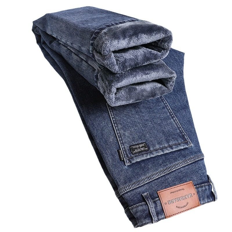 秋冬加绒加厚男装牛仔裤修身直筒弹力黑色裤子2008款好质量