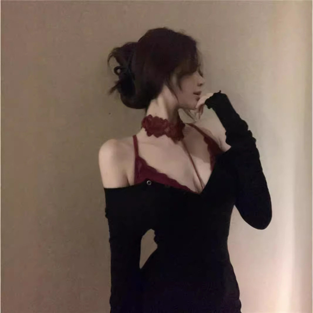 【工厂现货】黑色性感一字肩长袖T恤女秋季紧身蕾丝内搭辣妹上衣