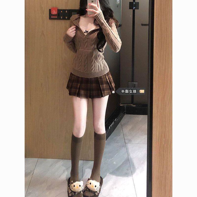 奶糯轻暖~韩系麻花针织连帽套装女秋冬格纹百褶裙三件套显瘦穿搭