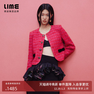 纱圆领短外套蝴蝶结26年春新款 朗姿 LIME莱茵小香风羊毛格纹花式