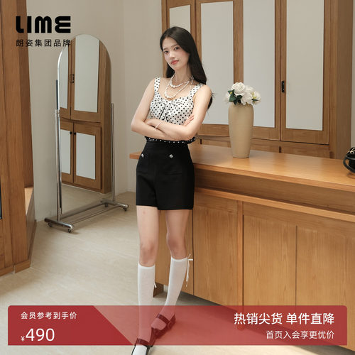 朗姿/LIME莱茵优雅香风面料缎面拼接高腰短裤黑色2026年夏季新款