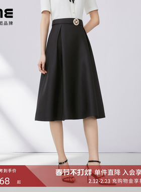 LIME莱茵典雅赫本风黑色半裙秋新款捏褶设计感钻扣腰带优雅裙