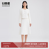 LIME莱茵年早春新款 圆领粗花呢短截上衣象牙白色小香风外套