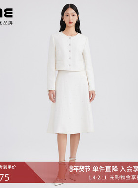 LIME莱茵年早春新款圆领粗花呢短截上衣象牙白色小香风外套