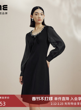 LIME莱茵针梭拼接黑色收腰连衣裙秋冬新款可拆卸蝴蝶结胸针裙子