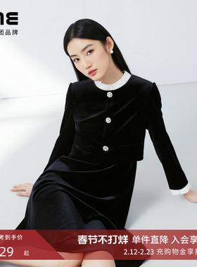 朗姿集团LIME莱茵优雅Velvet丝绒优雅假两件连衣裙通勤收腰小黑裙