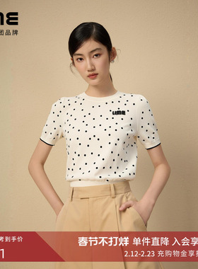 朗姿集团LIME莱茵圆领波点针织套头衫25夏时尚LOGO装饰减龄短袖