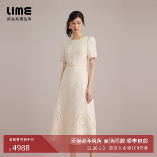 朗姿集团LIME莱茵花边领刺绣收腰连衣裙25夏季 气质浮雕肌理提花裙