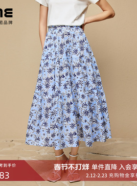 朗姿集团LIME莱茵高腰印花度假风半裙25夏纯棉雏菊花蓝色大伞摆裙