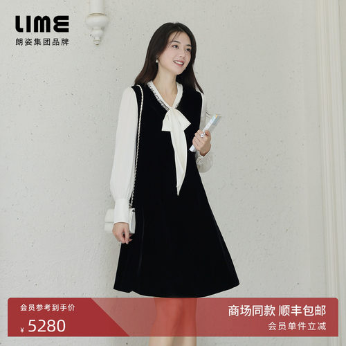 朗姿集团LIME莱茵飘带领丝绒雪纺拼接连衣裙秋新款通勤商务裙