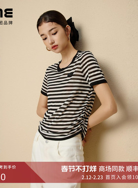 朗姿集团LIME莱茵针织套头衫黑色25夏新条纹圆领T恤简约休闲短袖