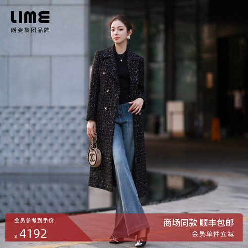 朗姿集团LIME莱茵肌理格纹粗花呢西服大衣黑色H型收腰复古冬新
