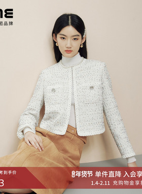 LIME莱茵时尚简约粗花呢短截上衣24秋冬新款圆领优雅设计感短外套