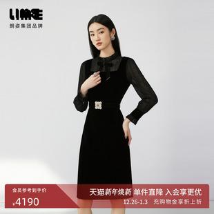 LIME莱茵蕾丝拼接丝绒连衣裙黑色2024秋新款 饰裙 轻奢优雅蝴蝶结装