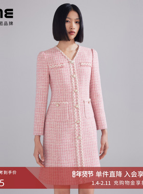 LIME莱茵年早春新款粗花呢连衣裙灰粉色V领收腰名媛小香风A字裙