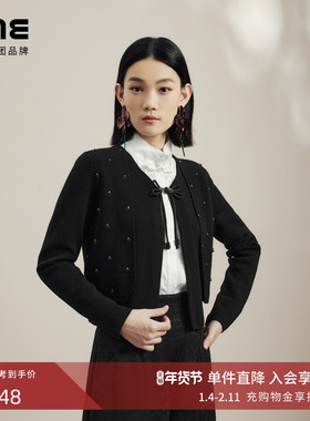 LIME莱茵新中式假两件针织开衫黑色秋冬新款盘扣设计感羊毛衫