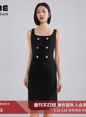 LIME莱茵年早春方领连衣裙黑色复古下摆开衩背心裙