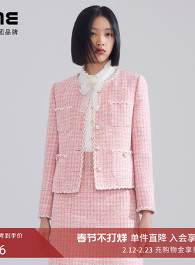 LIME莱茵年早春新款粗花呢短截上衣灰粉色名媛优雅小香风外套
