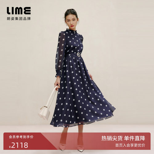 朗姿集团小立领花边波点印花连衣裙春法式收腰优雅过膝长裙