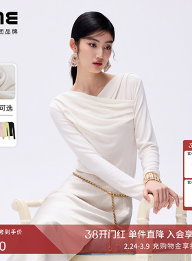 朗姿/LIME莱茵天丝羊毛修身打底衫非对称褶皱领线时尚26年春新款