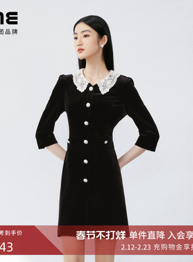 【丝绒】LIME莱茵法式蕾丝领连衣裙黑色秋新款珍珠扣收腰裙