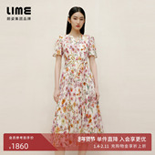朗姿集团LIME莱茵棉质V领收腰印花连衣裙25夏度假风褶皱裙摆长裙