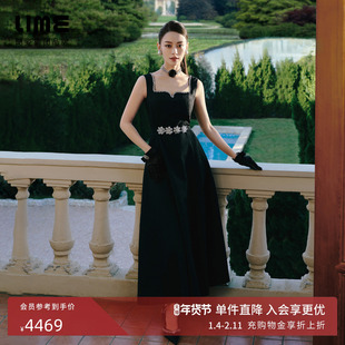 【吉娜同款】朗姿集团LIME莱茵方领吊带连衣裙黑色聚会收腰小黑裙