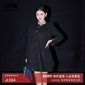 朗姿集团LIME莱茵亮片格纹粗花呢中长大衣夜幕黑微A下摆25冬新款