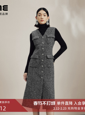 LIME莱茵英伦风无袖收腰连衣裙深灰色冬百搭马甲裙V领优雅长裙