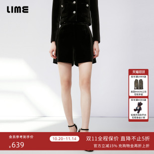 高腰显瘦轻奢女裤 黑色2024秋新款 饰直筒丝绒短裤 LIME莱茵纽扣装