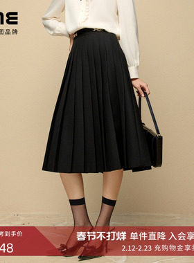 LIME莱茵高腰灰色显瘦百褶裙秋冬新款时尚商务通勤过膝半身裙