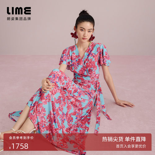 朗姿集团LIME莱茵碎花V领茶歇裙夏新款法式风情收腰优雅连衣裙